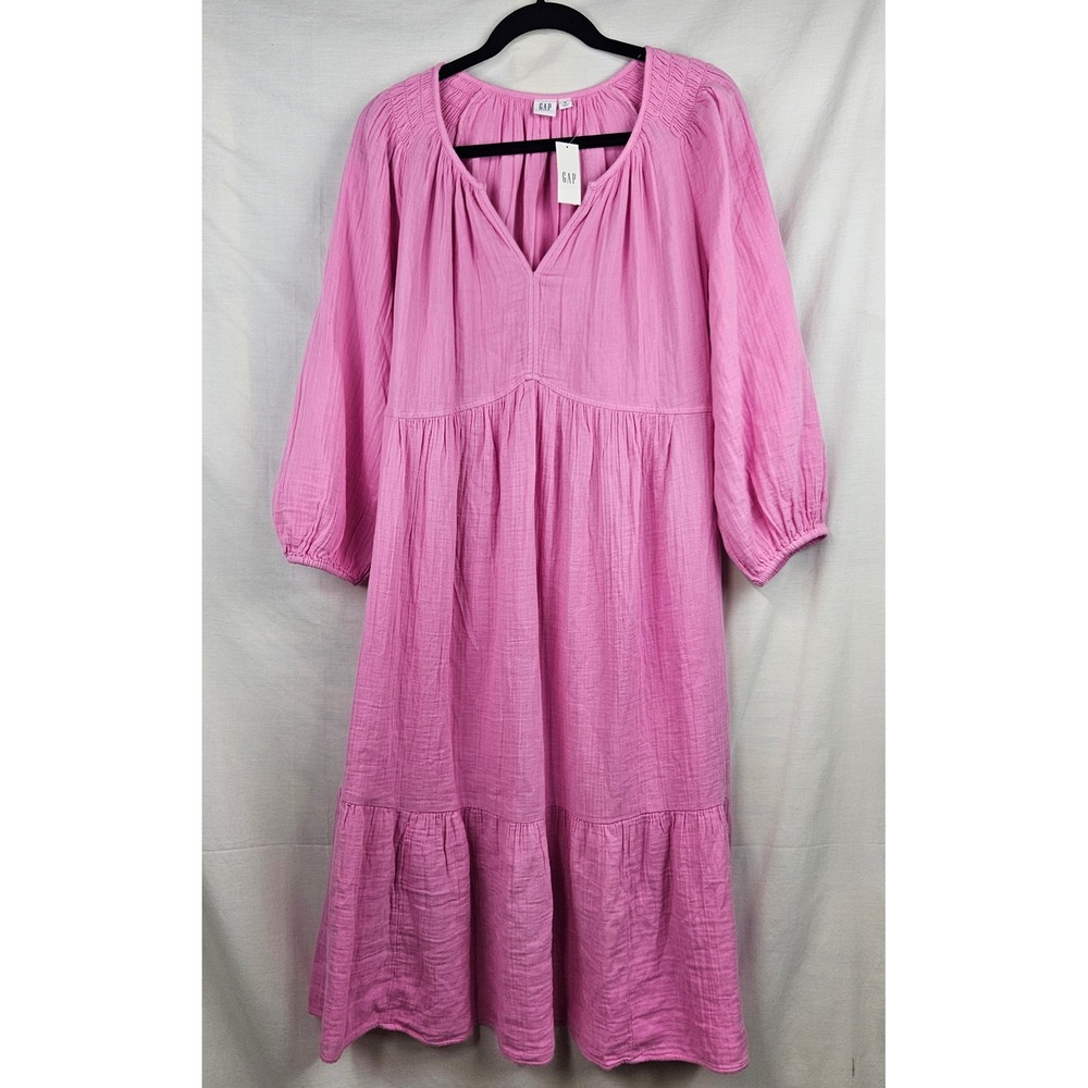 NWT Gap Pink Cotton Gauze Tiered Midi Dress V-Neck 3/4 Sleeve Med Cottagecore